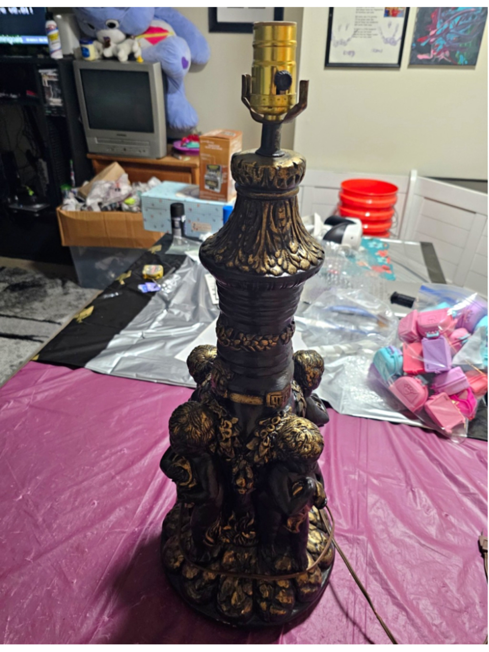 Vtg Hollywood Regency Chalkware Cherub Lamp Base Black Gold Putti Plaster WORKIN